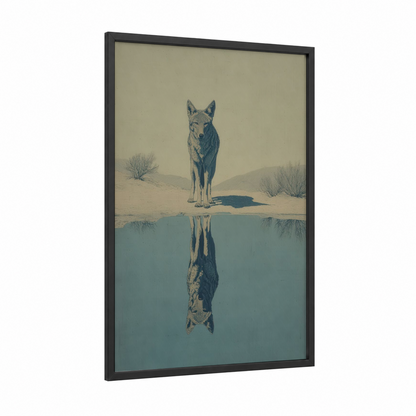 Desert Coyote Reflection framed art print — black wood frame — sage green and teal palette