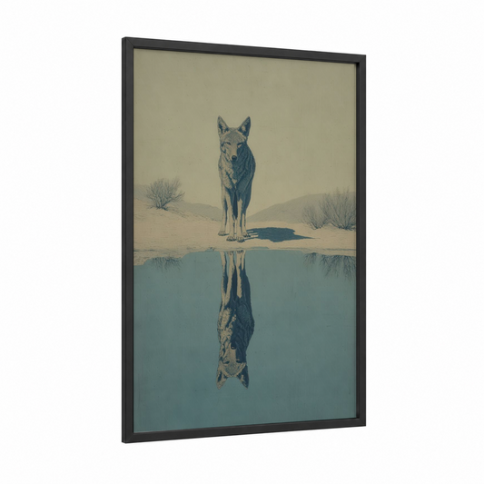 Desert Coyote Reflection framed art print — black wood frame — sage green and teal palette