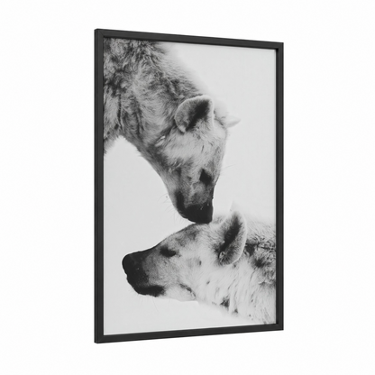 Tender Hyena Pair framed art print — black wood frame — black and white palette