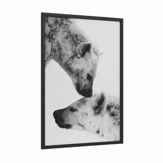 Tender Hyena Pair framed art print — black wood frame — black and white palette