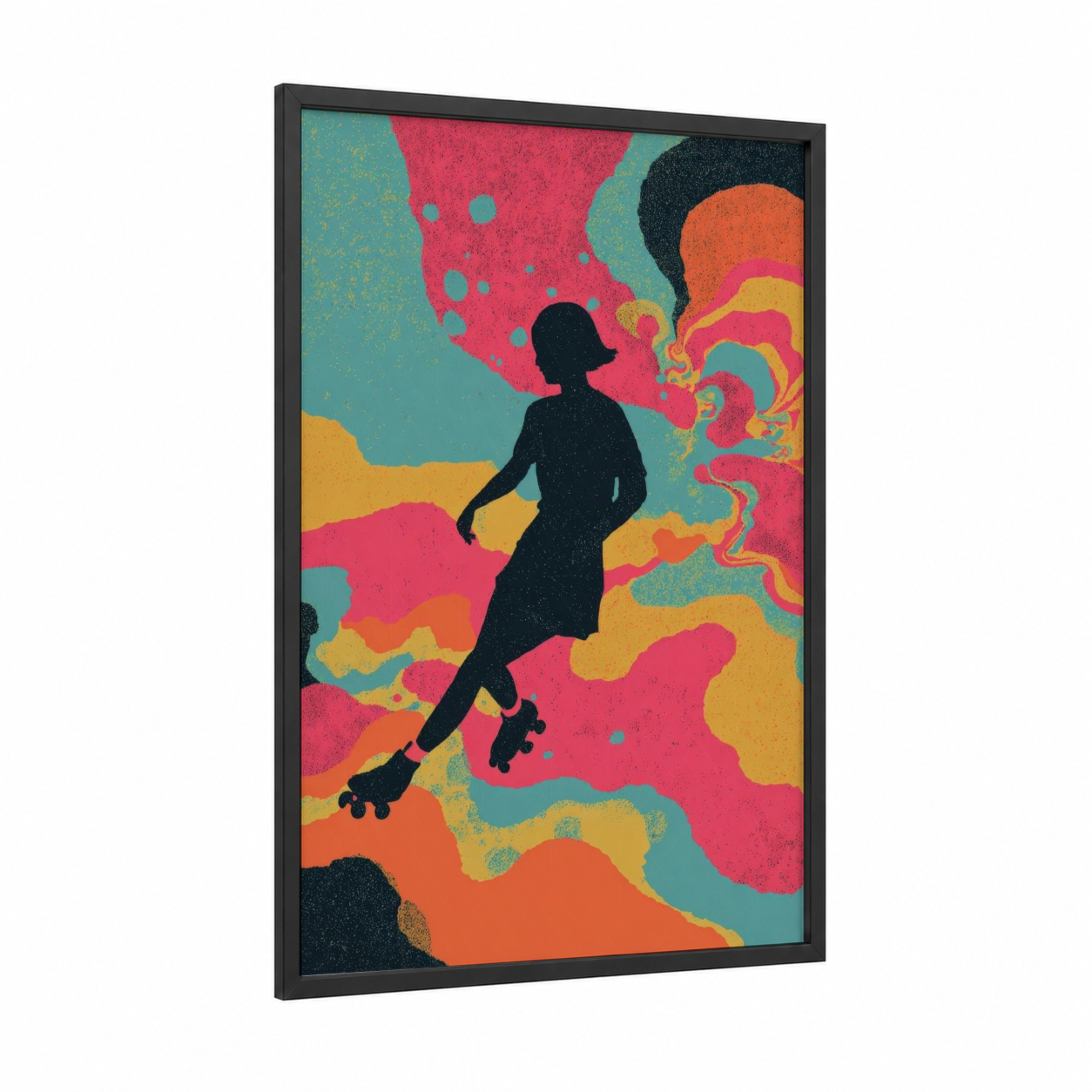 Retro Roller Skater framed roller skating print — black wood frame — magenta and gold palette