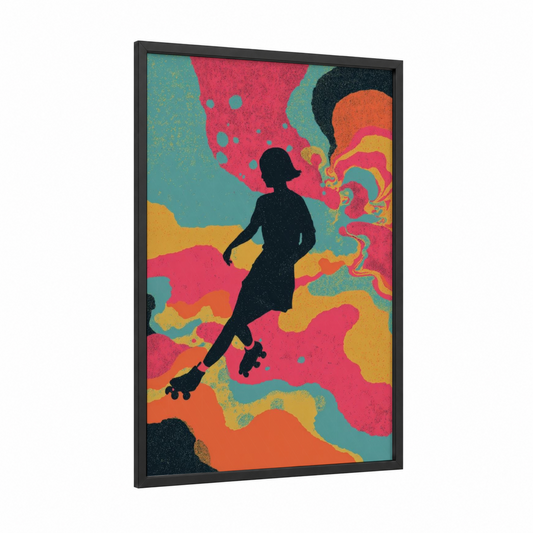 Retro Roller Skater framed roller skating print — black wood frame — magenta and gold palette