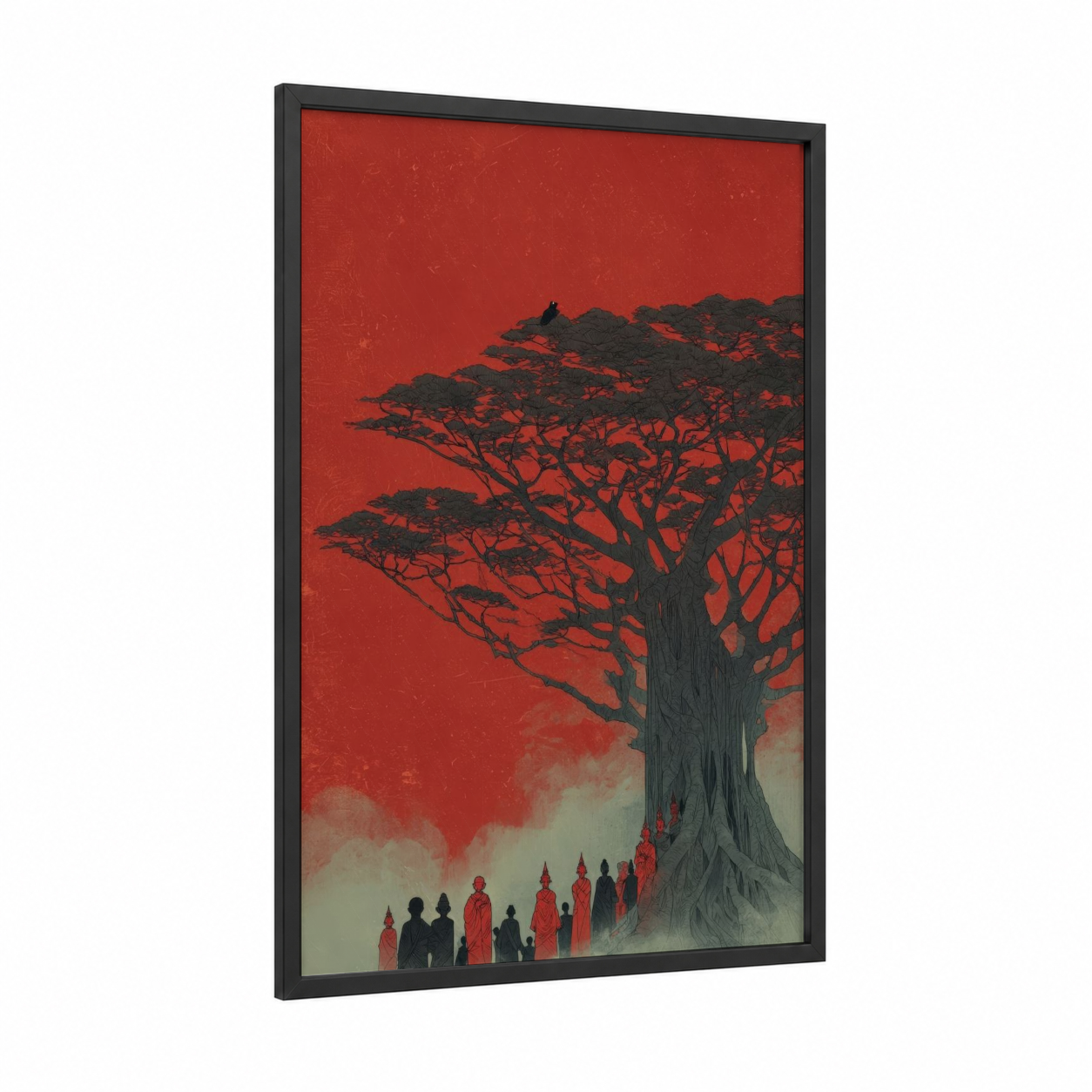 Crimson Banyan framed banyan tree print — black wood frame — red and black palette
