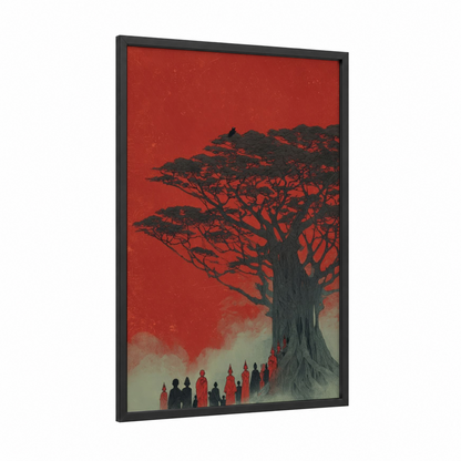 Crimson Banyan framed banyan tree print — black wood frame — red and black palette