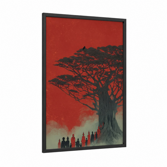 Crimson Banyan framed banyan tree print — black wood frame — red and black palette