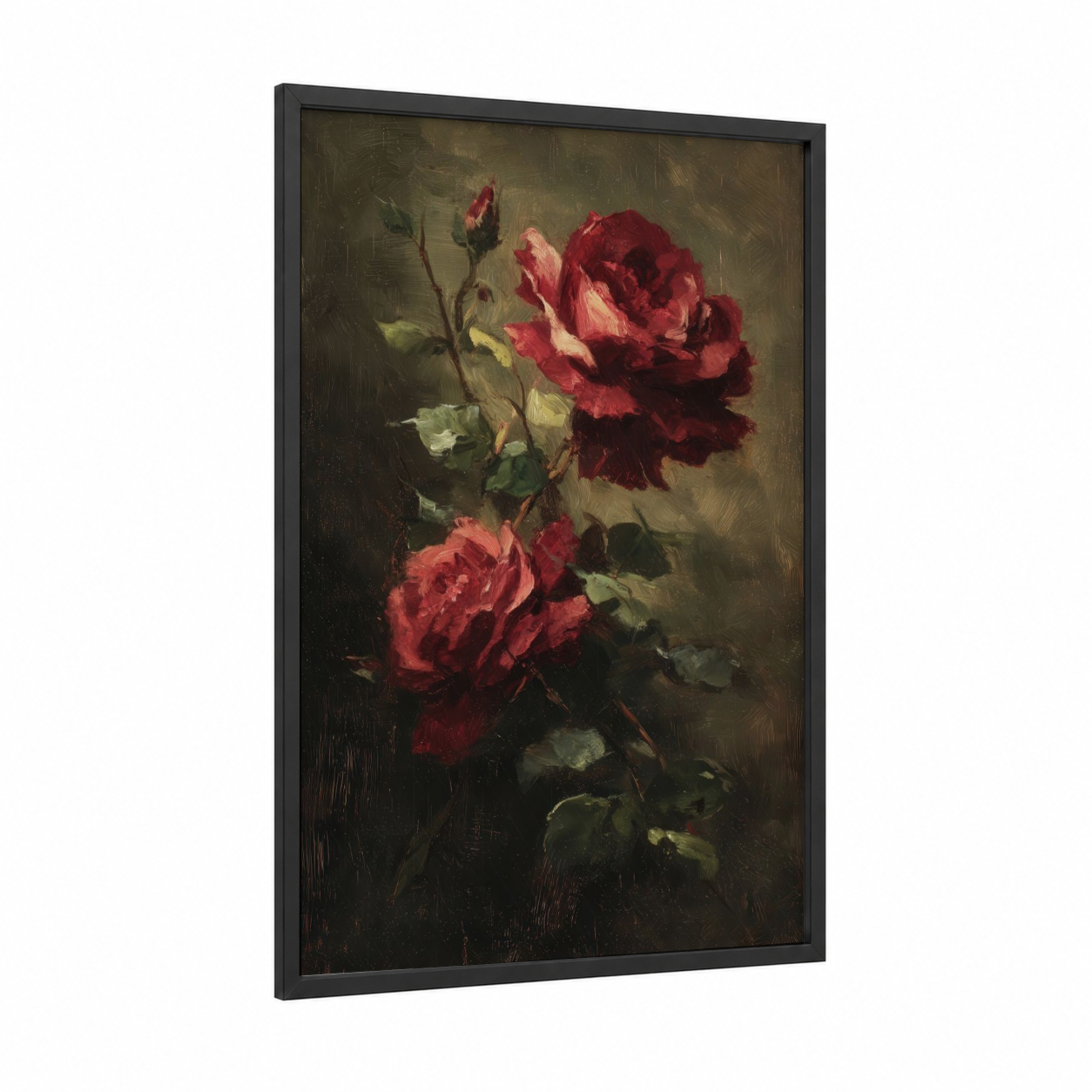 Crimson Rose Study framed roses print — black wood frame — maroon and dove gray palette