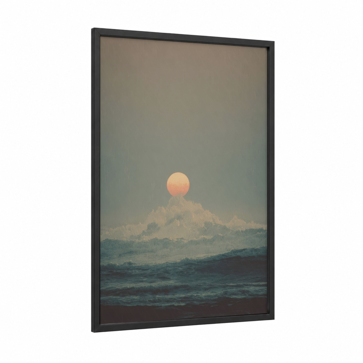 Mountain Sunrise framed art print — black wood frame — peach and dove gray palette