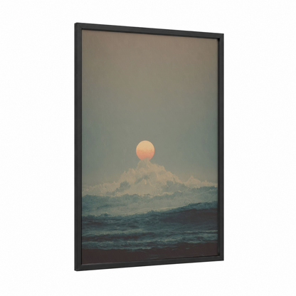 Mountain Sunrise framed art print — black wood frame — peach and dove gray palette