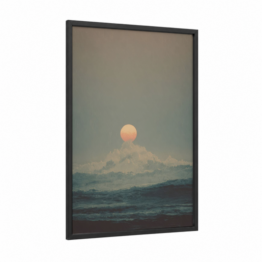 Mountain Sunrise framed art print — black wood frame — peach and dove gray palette