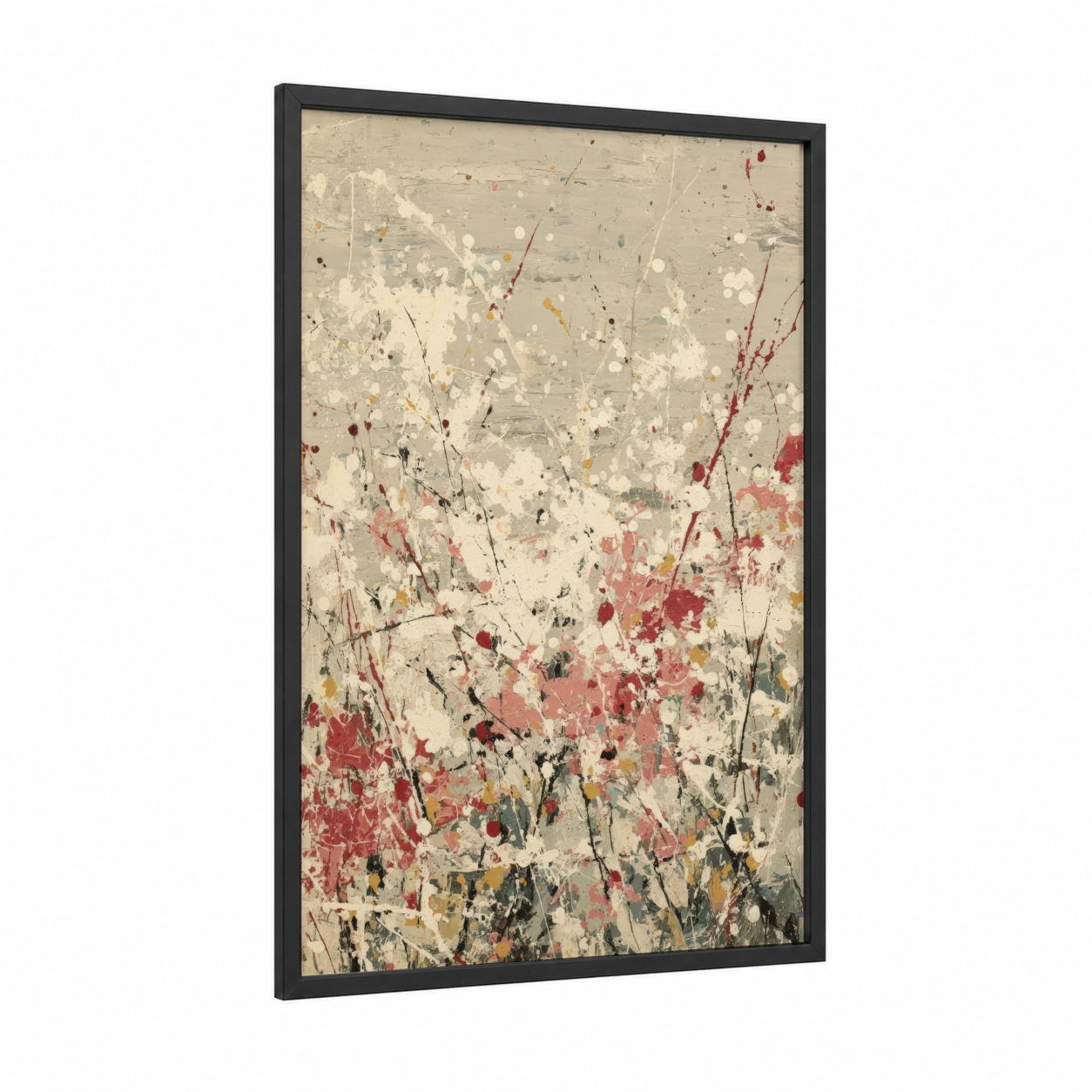 Crimson Dogwood framed art print — black wood frame — cream and red palette