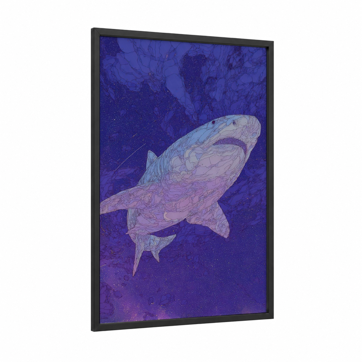 Ethereal Basking Shark framed art print — black wood frame — purple and blue palette