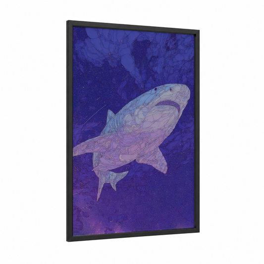 Ethereal Basking Shark framed art print — black wood frame — purple and blue palette