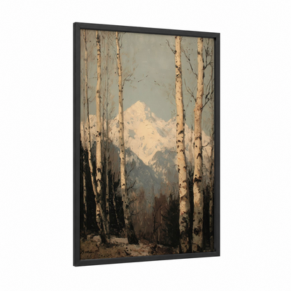 Snowy Mountain Vista framed snowy mountains print — black wood frame — cream and dove gray palette