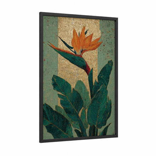 Tropical Bird Bloom framed birds of paradise print — black wood frame — gold and dark green palette