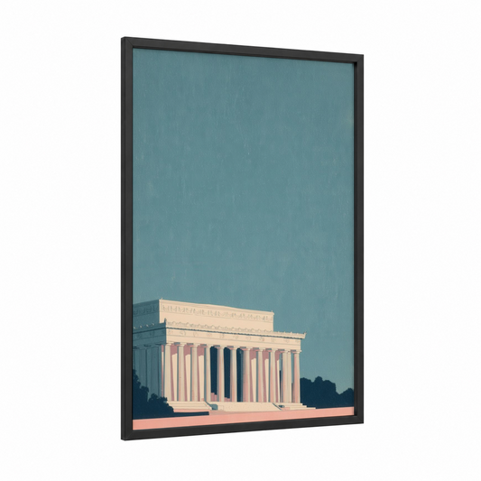 Serene Memorial framed lincoln memorial print — black wood frame — blue and gold and peach palette