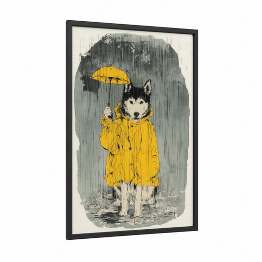 Rainy Day Husky framed art print — black wood frame — yellow and gray palette