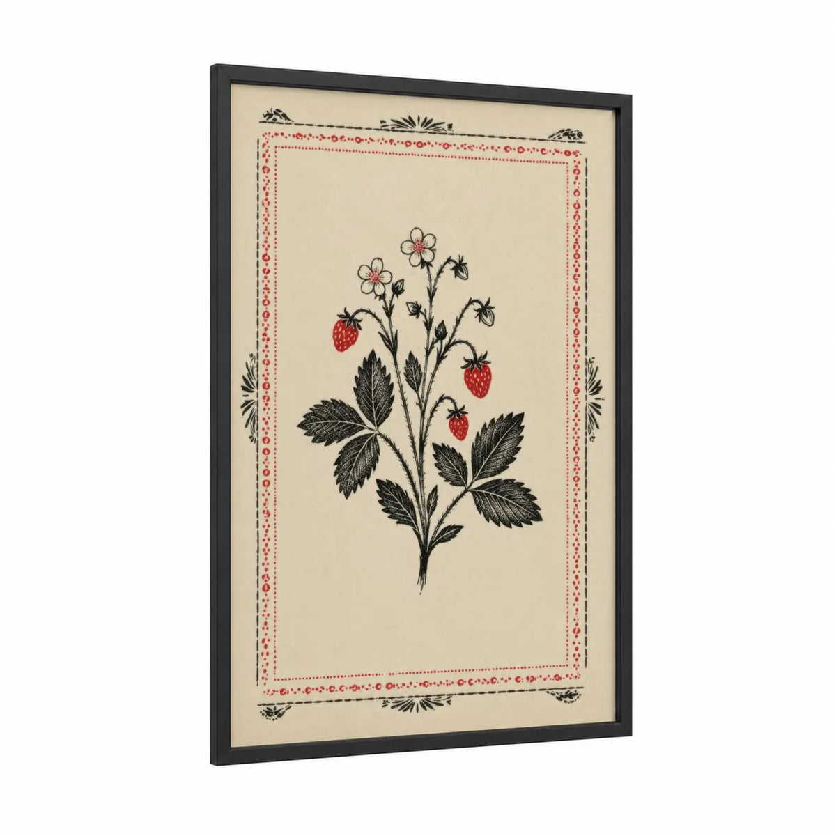 Vintage Strawberry Botanical Wall Art framed flower print — black wood frame — red and black and white palette
