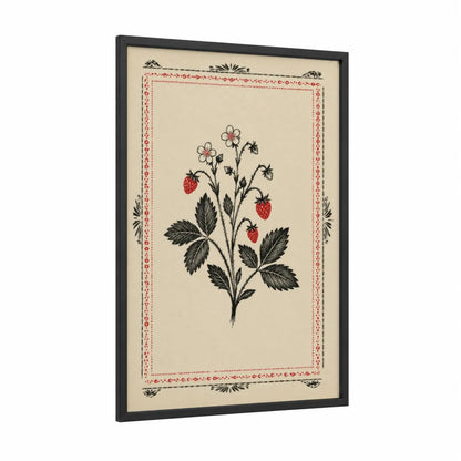 Vintage Strawberry Botanical Wall Art framed flower print — black wood frame — red and black and white palette