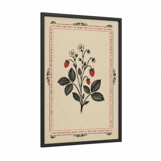 Vintage Strawberry Botanical Wall Art framed flower print — black wood frame — red and black and white palette