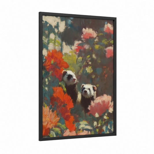 Garden Ferrets framed art print — black wood frame — red and yellow gold palette