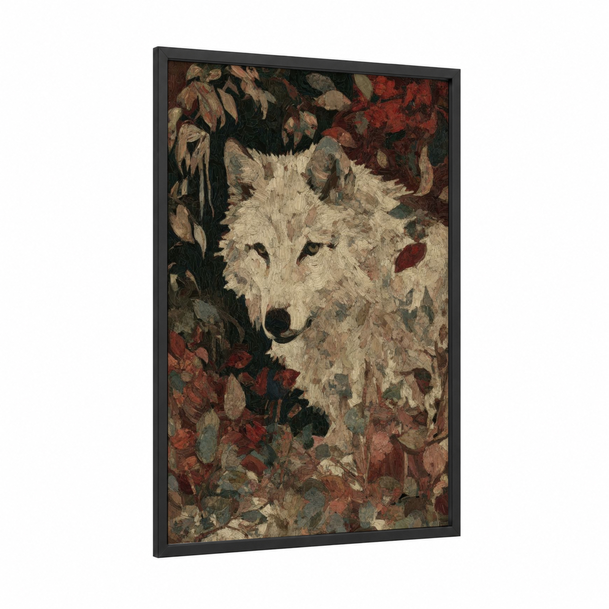 Autumn Wolf framed art print — black wood frame — maroon and cream palette