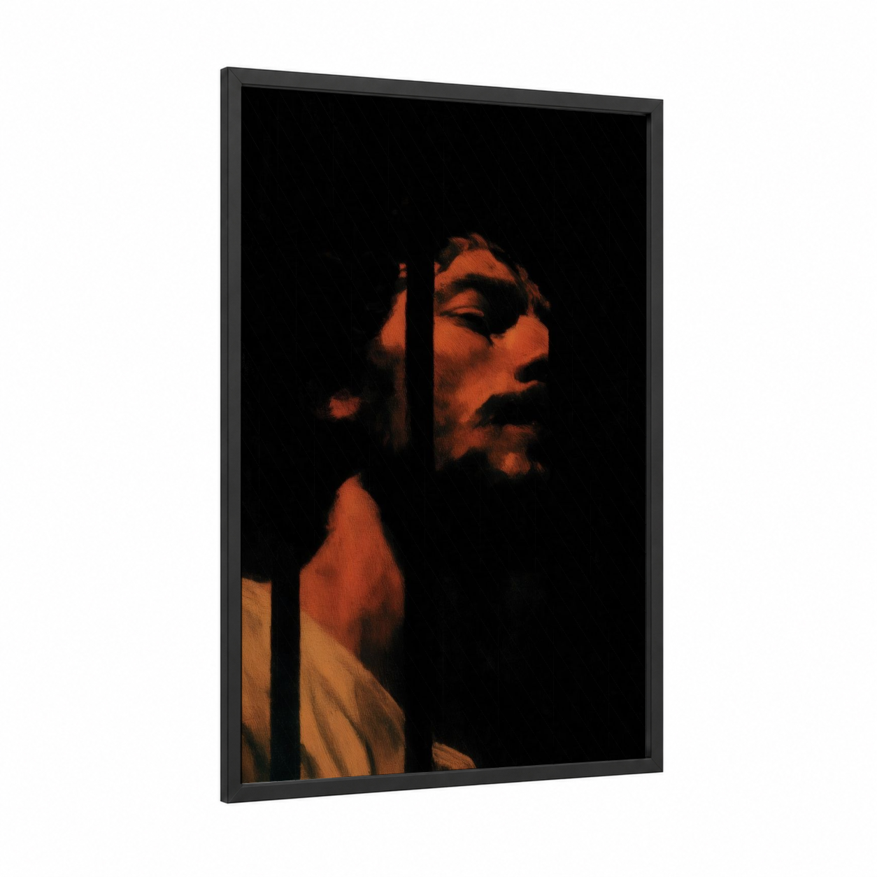 Contemplative Saint Paul framed st. paul print — black wood frame — orange and black palette
