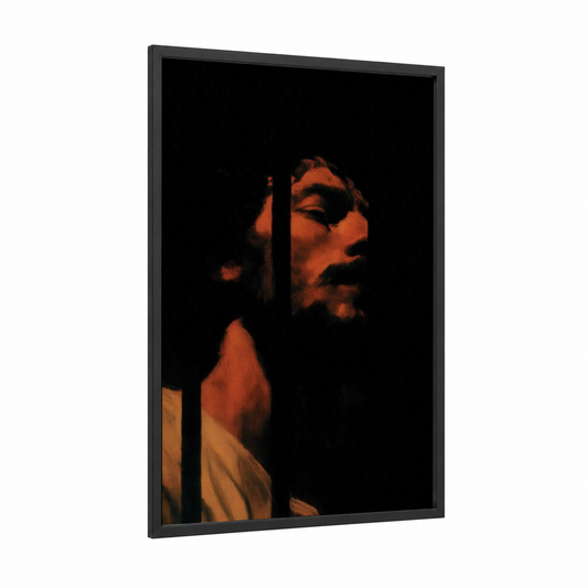 Contemplative Saint Paul framed st. paul print — black wood frame — orange and black palette