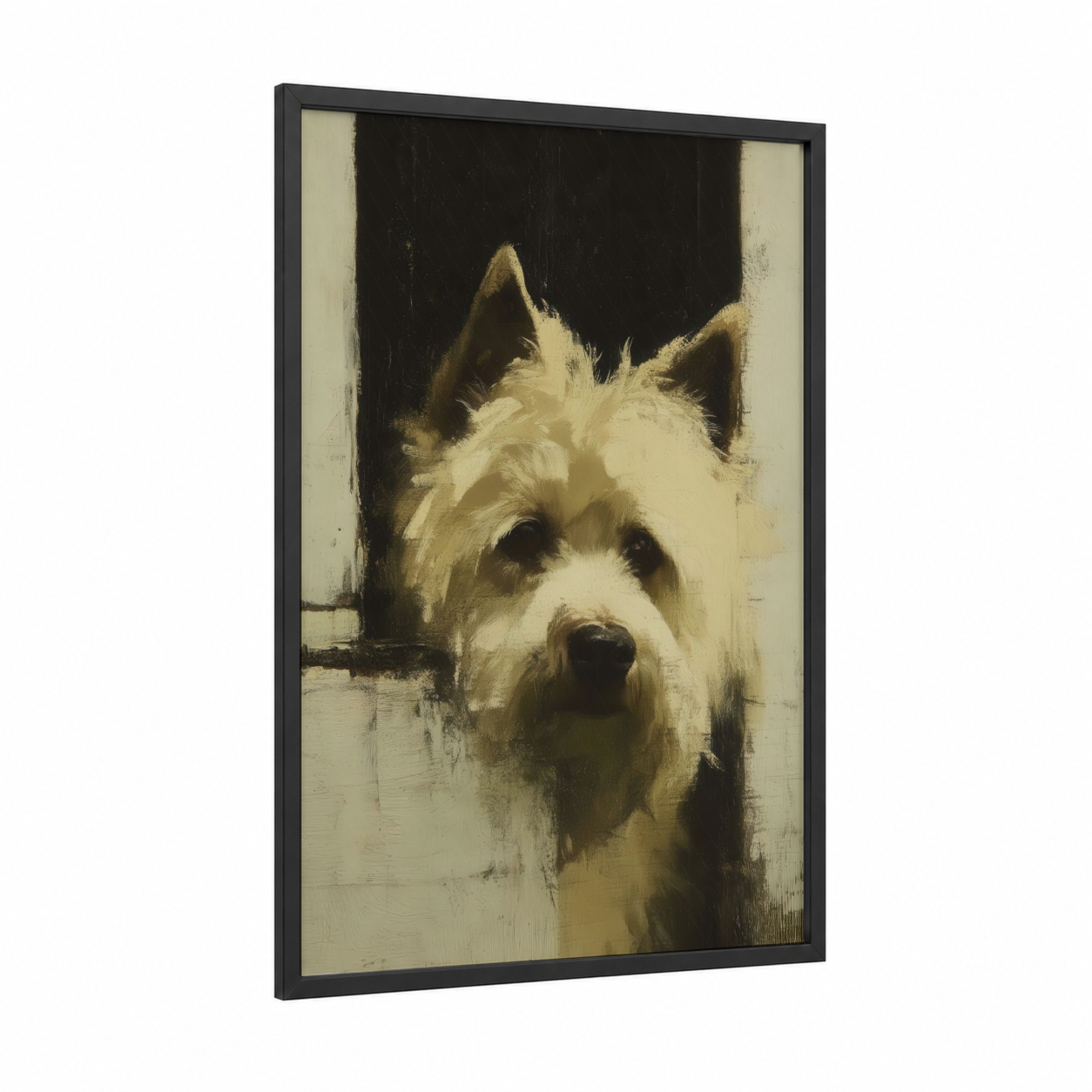 Cream Terrier Portrait framed art print — black wood frame — cream and black palette