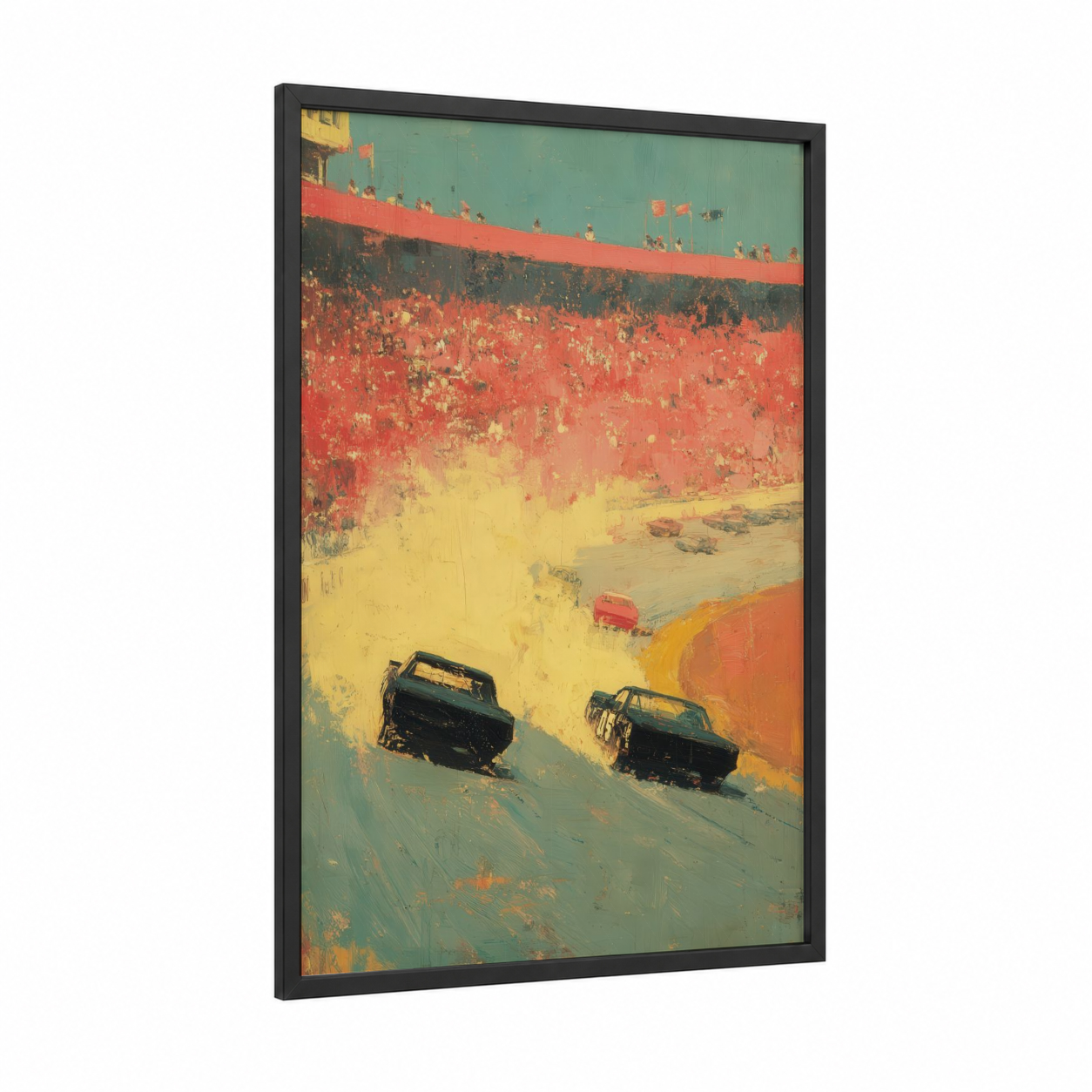 Desert Raceway framed auto racing print — black wood frame — red and yellow gold palette