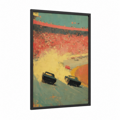 Desert Raceway framed auto racing print — black wood frame — red and yellow gold palette