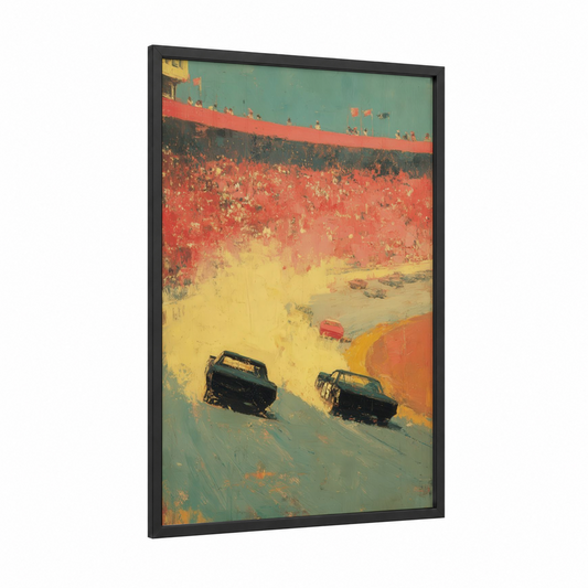 Desert Raceway framed auto racing print — black wood frame — red and yellow gold palette
