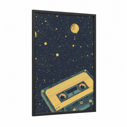 Cosmic Cassette framed casette print — black wood frame — gold and dark blue palette