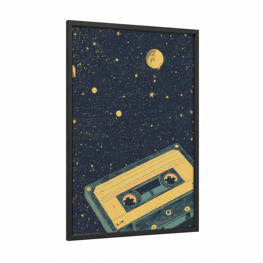 Cosmic Cassette framed casette print — black wood frame — gold and dark blue palette