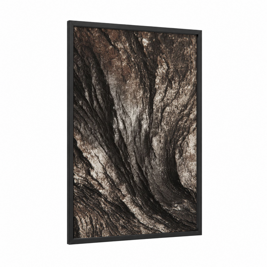 Textured Stone Detail framed natural stones print — black wood frame — black and white and gray palette