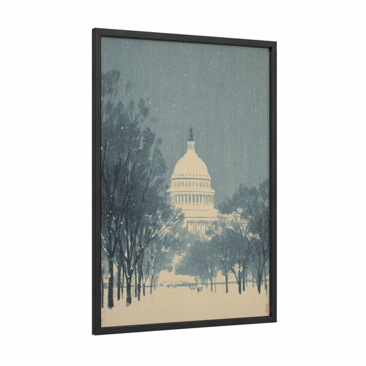 Snowy Capitol framed us capitol print — black wood frame — dove gray and cream palette