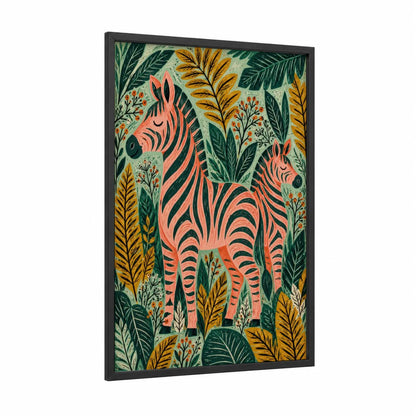 Tropical Zebra Botanical Garden Wall Art framed art print — black wood frame — salmon pink and true green palette