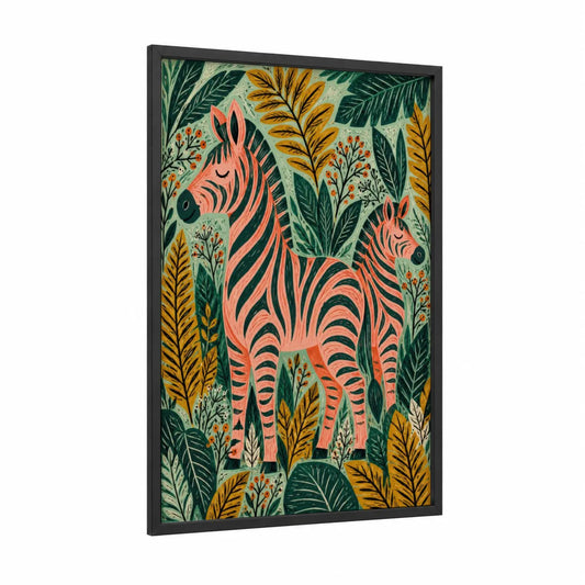 Tropical Zebra Botanical Garden Wall Art framed art print — black wood frame — salmon pink and true green palette