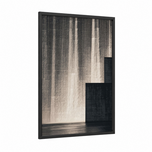 Concrete Waterfall framed masonry print — black wood frame — gray and black palette