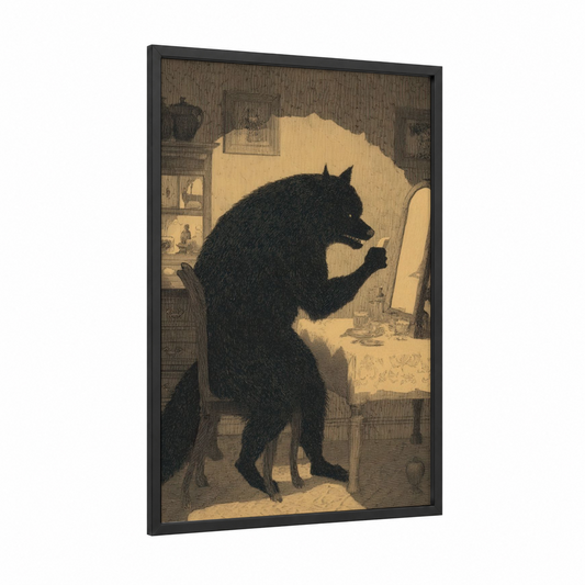 Vanity Mirror Wolf framed halloween print — black wood frame — cream and black palette