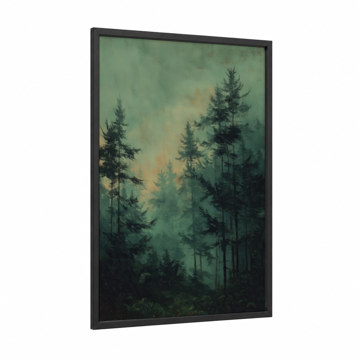 Misty Cedar Forest framed art print — black wood frame — sage green and cream palette