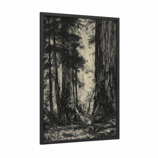 Ancient Redwood Grove framed redwood tree print — black wood frame — black and white palette