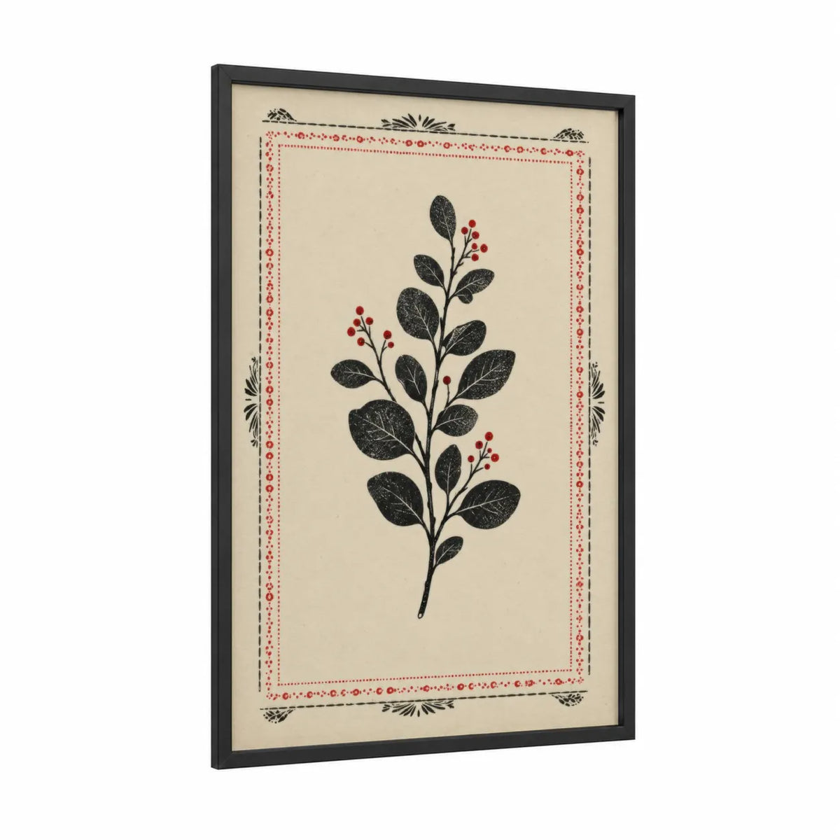 Botanical Branch With Red Berries Wall Art framed plant print — black wood frame — black and white and red palette