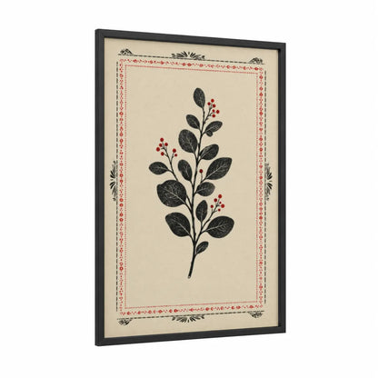 Botanical Branch With Red Berries Wall Art framed plant print — black wood frame — black and white and red palette