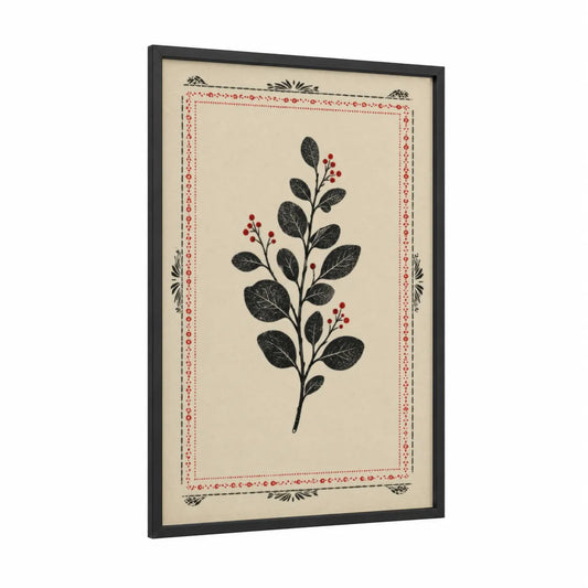 Botanical Branch With Red Berries Wall Art framed plant print — black wood frame — black and white and red palette
