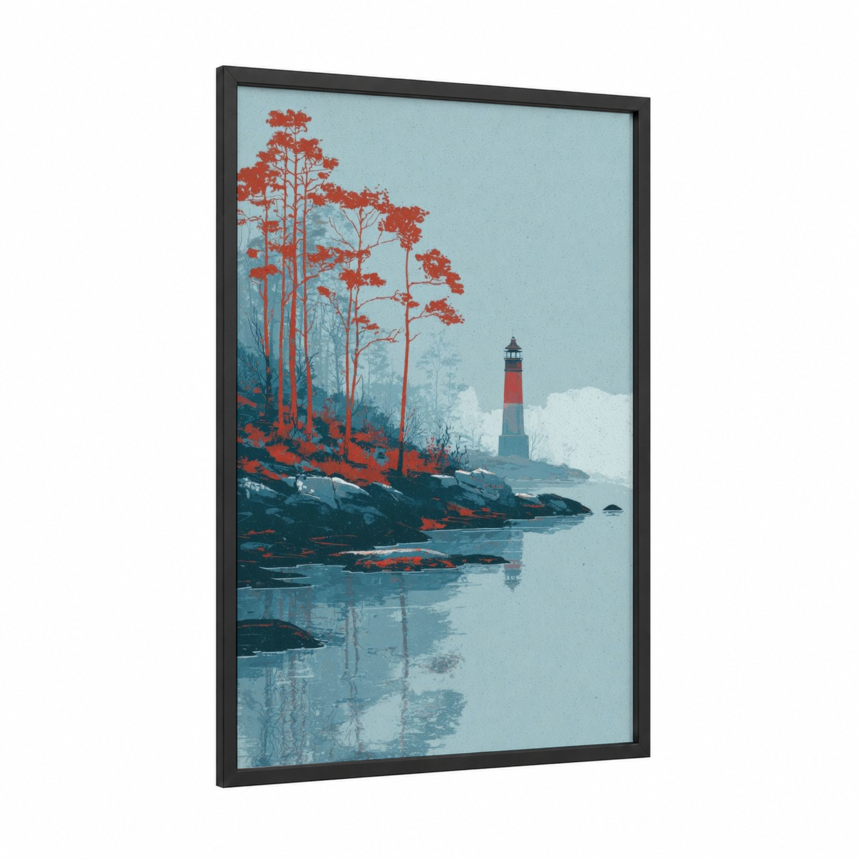 Lighthouse Island framed art print — black wood frame — blue and red palette