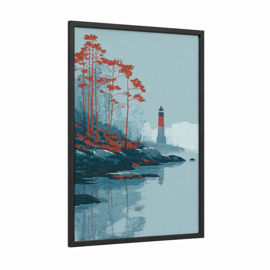 Lighthouse Island framed art print — black wood frame — blue and red palette