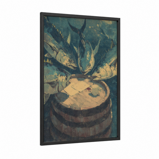 Barrel Catch Tuna framed art print — black wood frame — teal and gold palette