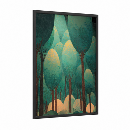 Golden Forest Easter framed art print — black wood frame — teal and gold palette