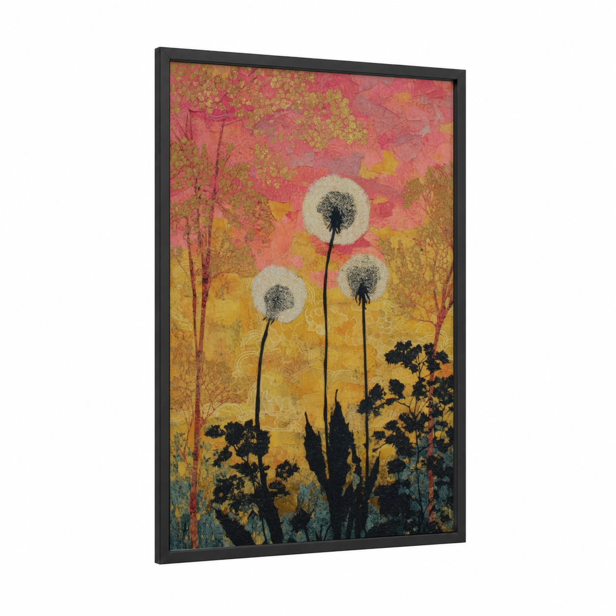 Sunset Dandelions framed art print — black wood frame — gold and rose gold palette