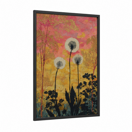 Sunset Dandelions framed art print — black wood frame — gold and rose gold palette